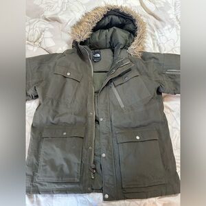 The North Face Mcmurdo Bomber Waterproof Dark Green Puffer Jacket with Fur Trim